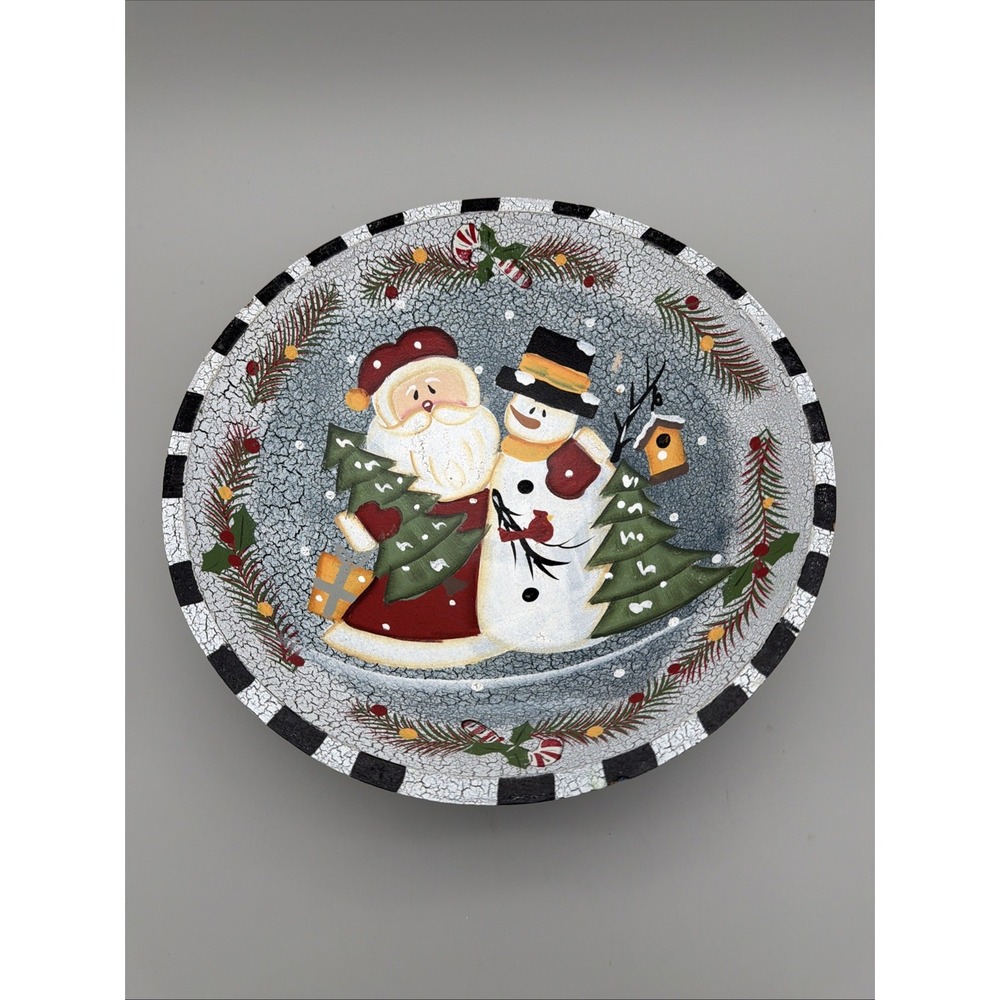 VNTG Dolgencorp Santa Claus Snowman Decorative Wood carved Bowl Christmas 12"